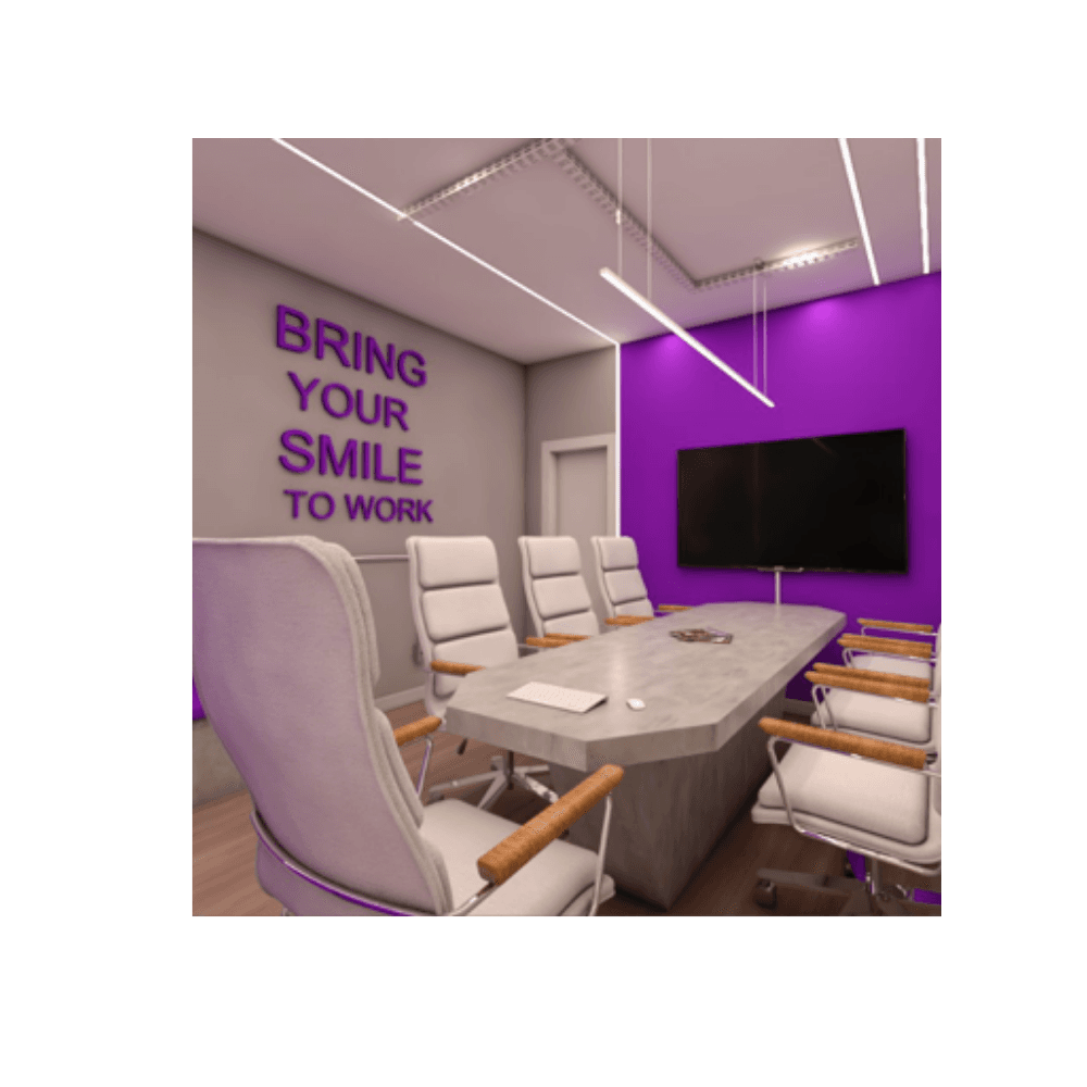 Sala de reuniões da HP Odonto com a frase Bring Your Smile to Work